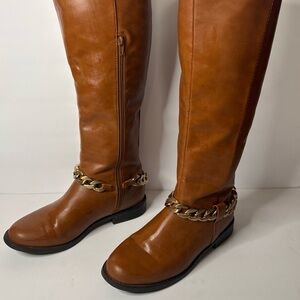 Women's Tan Leather Boots with Gold Chain